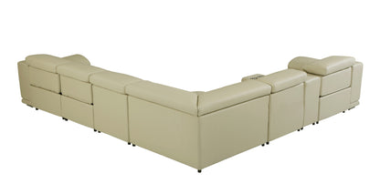 Beige Italian Leather U Shaped Seven Piece Sectional w/ Console