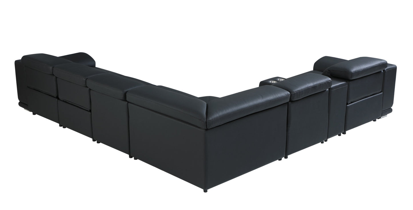 Black Italian Leather U Shaped Seven Piece Sectional w/ Console