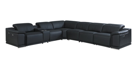 Black Italian Leather U Shaped Seven Piece Sectional w/ Console