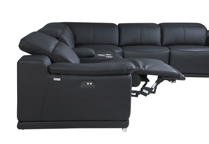 Black Italian Leather U Shaped Seven Piece Sectional w/ Console