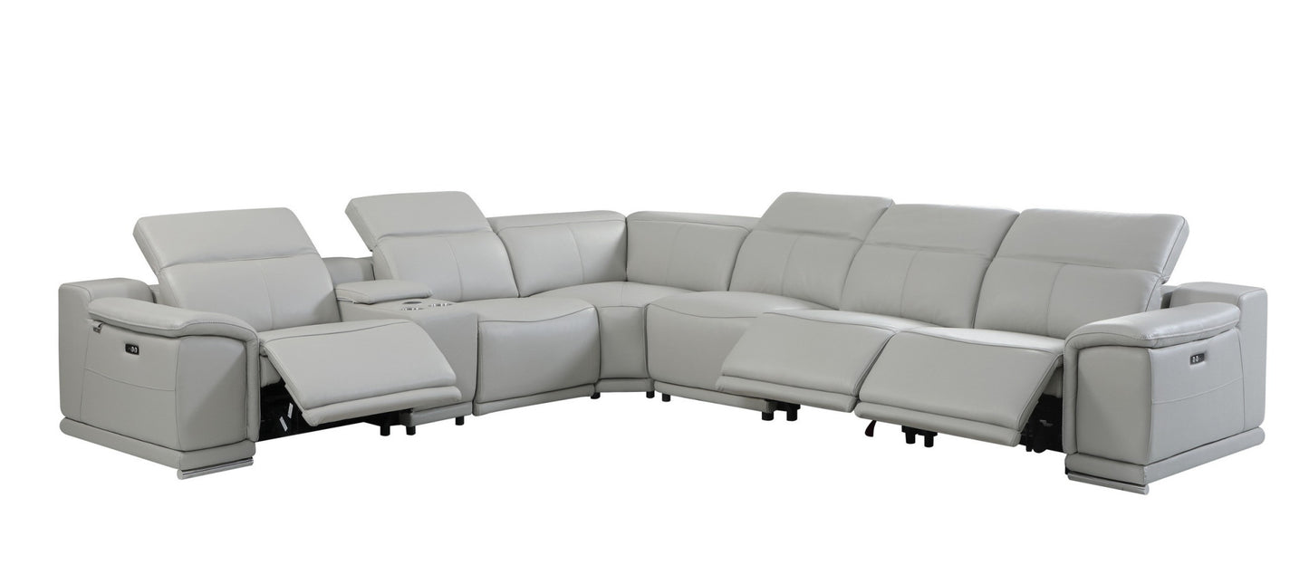 Light Gray Italian Leather U Shaped Seven Piece Sectional w/ Console