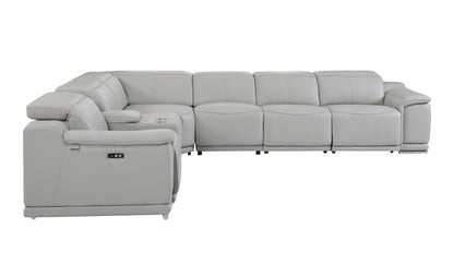 Light Gray Italian Leather U Shaped Seven Piece Sectional w/ Console