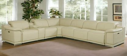 Beige Italian Leather U Shaped Seven Piece Sectional w/ Console