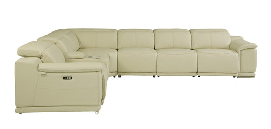 Beige Italian Leather U Shaped Seven Piece Sectional w/ Console