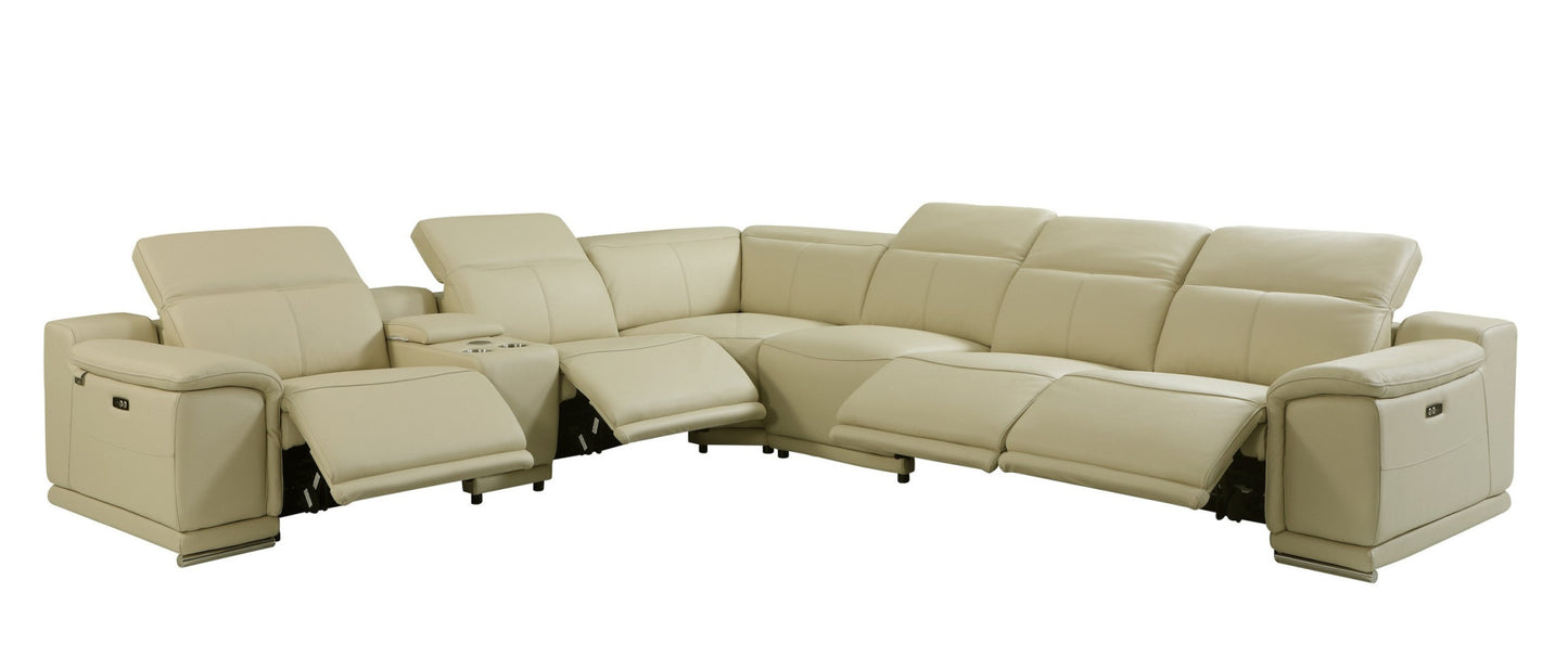 Beige Italian Leather U Shaped Seven Piece Sectional w/ Console