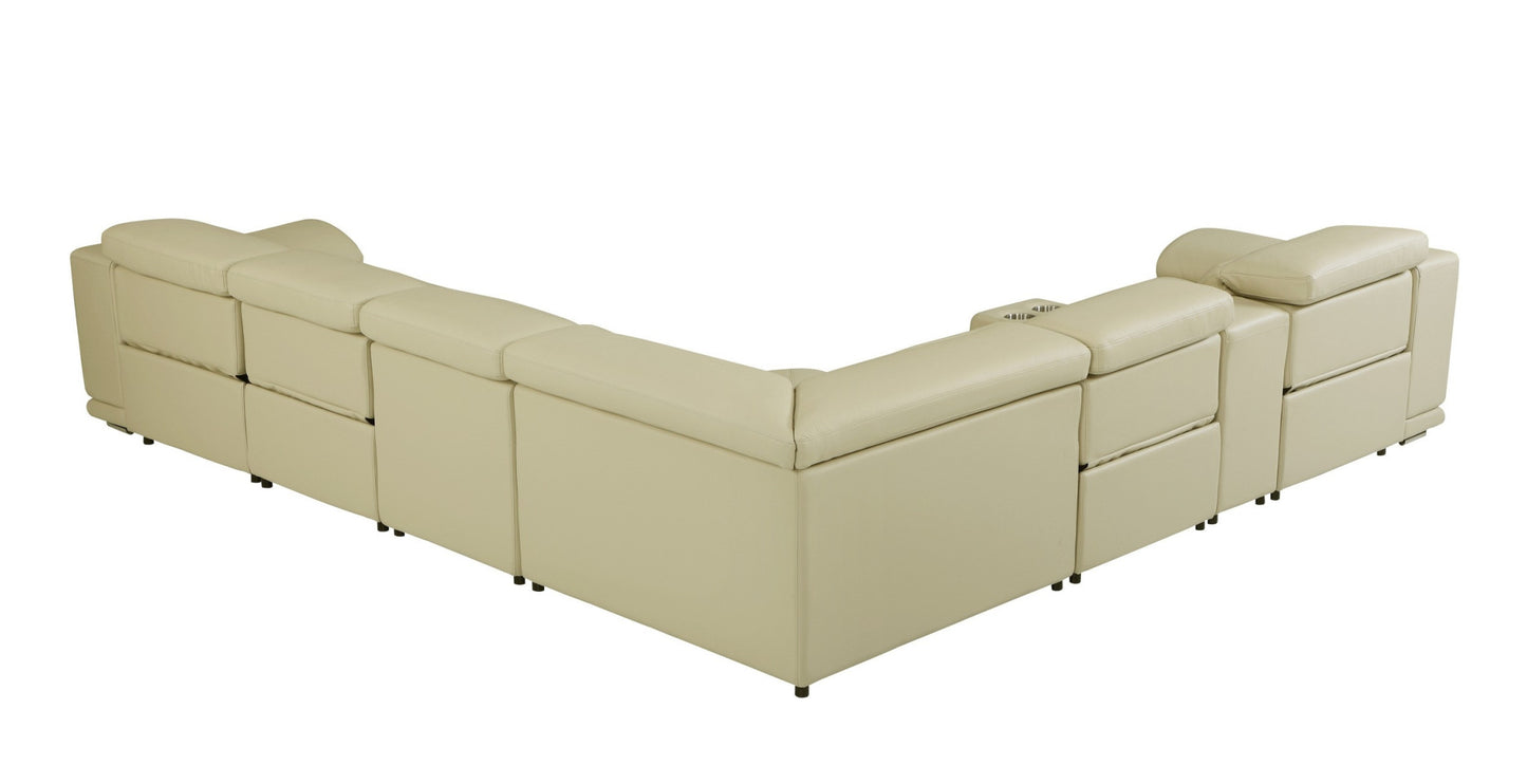 Beige Italian Leather U Shaped Seven Piece Sectional w/ Console