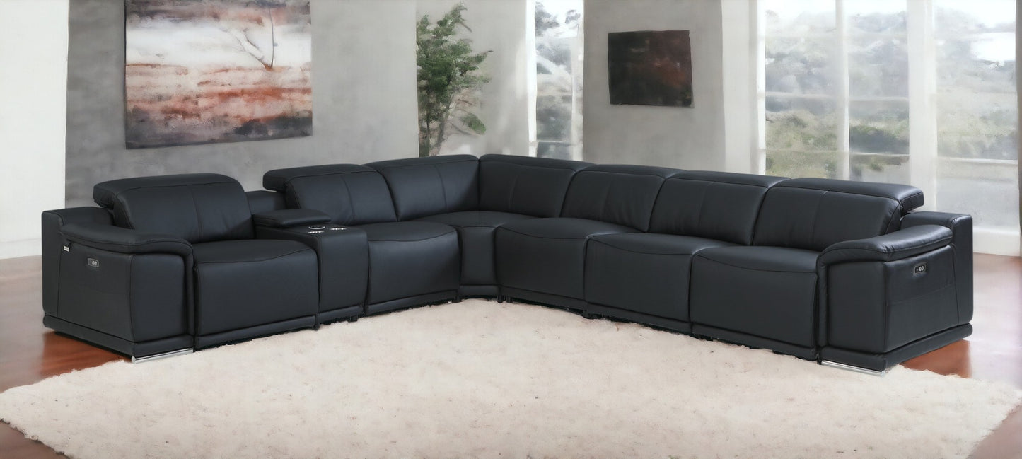 Black Italian Leather U Shaped Seven Piece Sectional w/ Console