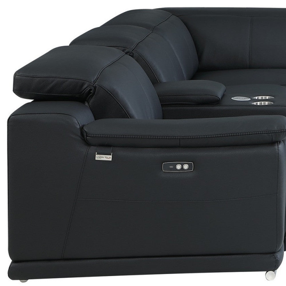 Black Italian Leather U Shaped Seven Piece Sectional w/ Console