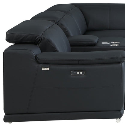 Black Italian Leather U Shaped Seven Piece Sectional w/ Console