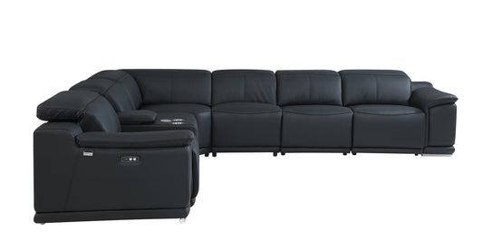 Black Italian Leather U Shaped Seven Piece Sectional w/ Console