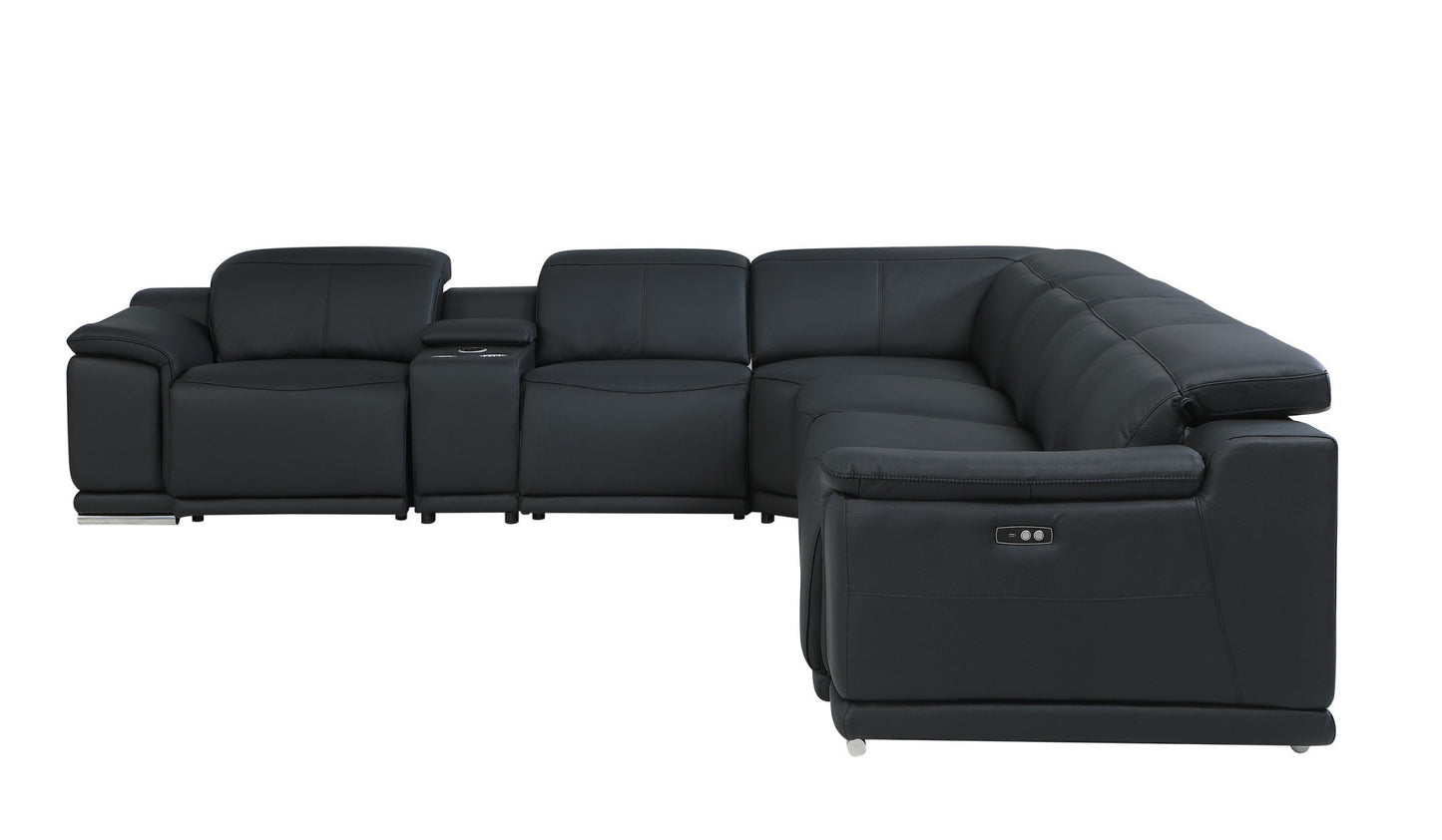 Black Italian Leather U Shaped Seven Piece Sectional w/ Console