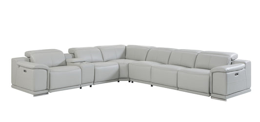 Light Gray Italian Leather U Shaped Seven Piece Sectional w/ Console