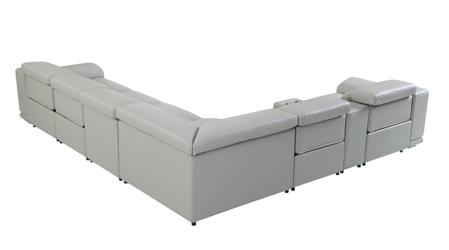 Light Gray Italian Leather U Shaped Seven Piece Sectional w/ Console