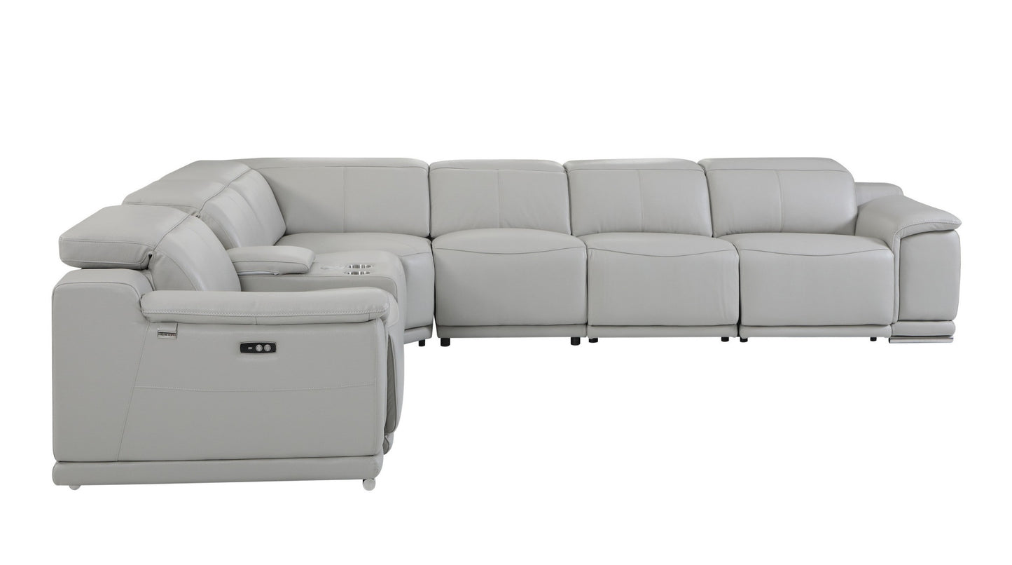 Light Gray Italian Leather U Shaped Seven Piece Sectional w/ Console