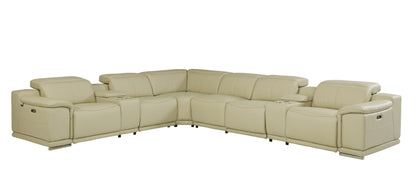 Beige Italian Leather U Shaped 8 Piece Sectional w/ Console