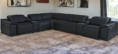 Black Italian Leather U Shaped 8 Piece Sectional w/ Console