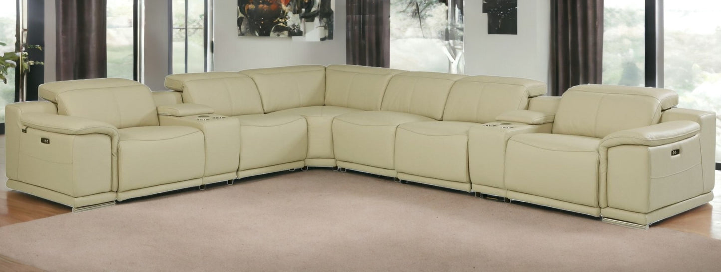 Beige Italian Leather U Shaped 8 Piece Sectional w/ Console