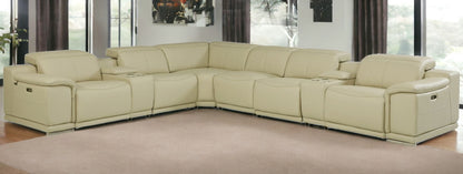 Beige Italian Leather U Shaped 8 Piece Sectional w/ Console