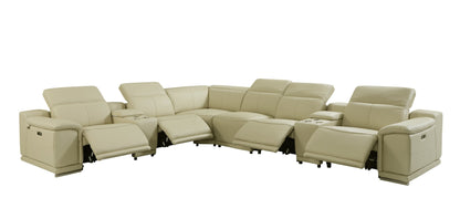 Beige Italian Leather U Shaped 8 Piece Sectional w/ Console