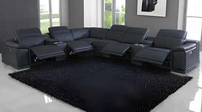 Black Italian Leather U Shaped 8 Piece Sectional w/ Console