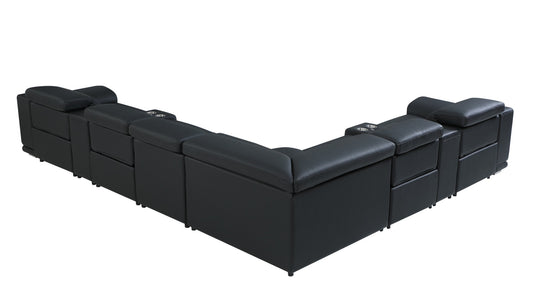 Black Italian Leather U Shaped 8 Piece Sectional w/ Console