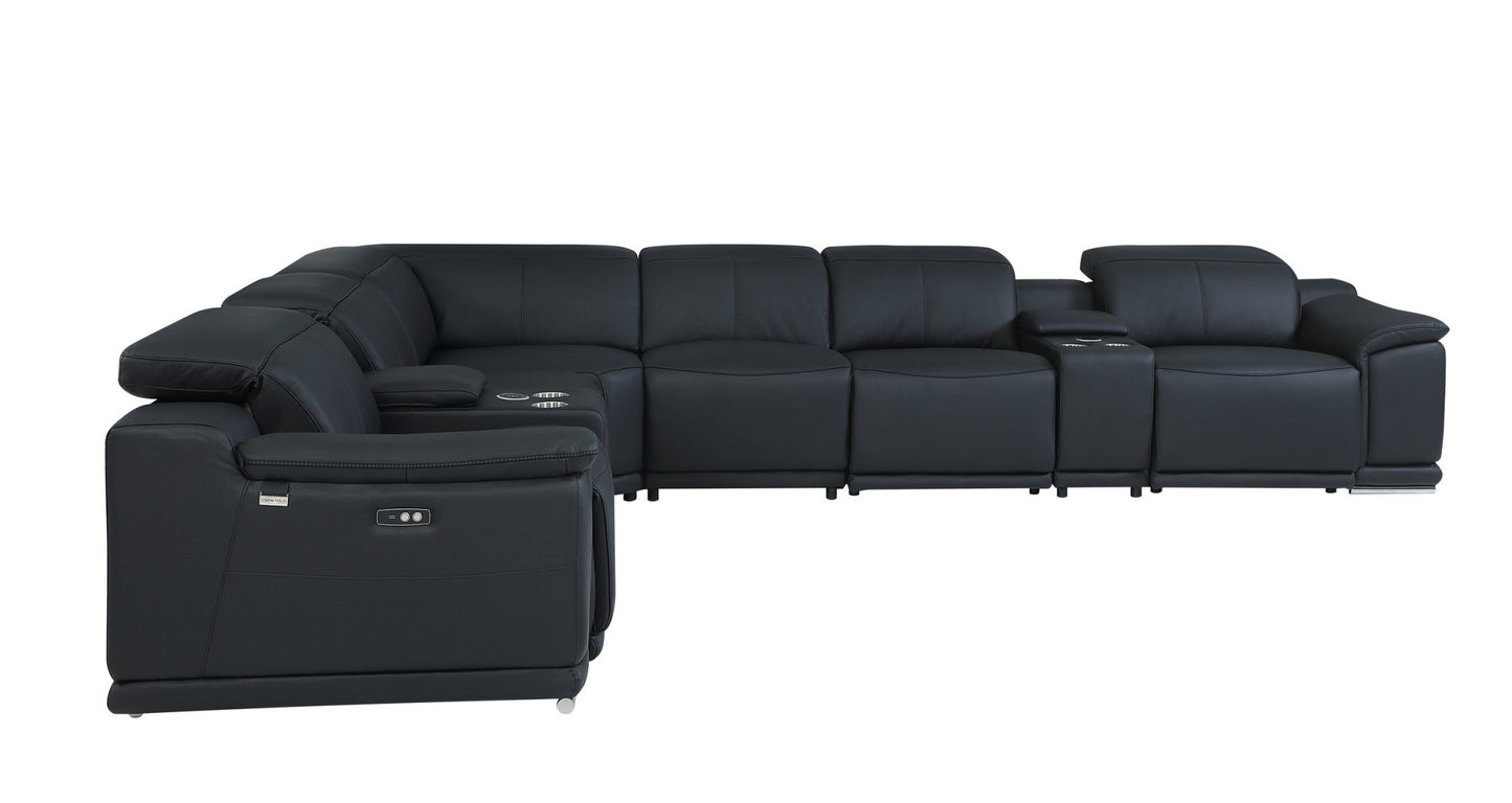 Black Italian Leather U Shaped 8 Piece Sectional w/ Console
