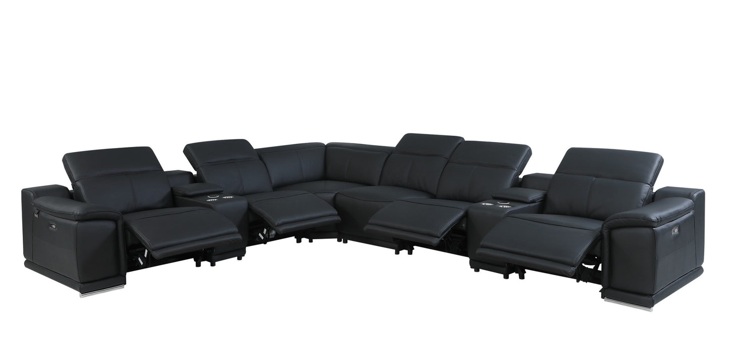 Black Italian Leather U Shaped 8 Piece Sectional w/ Console