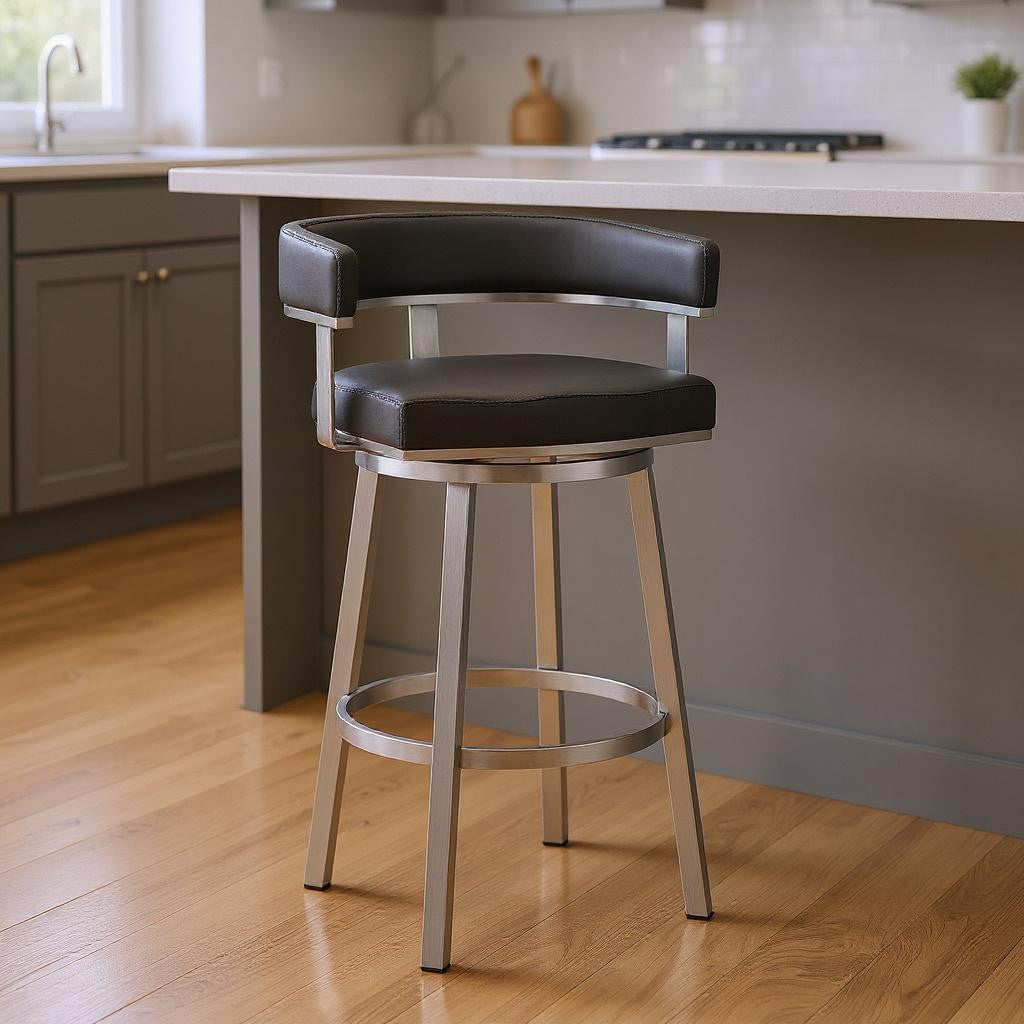 Gray & Silver Faux Leather & Iron Swivel Low Back Counter Height Bar Chair