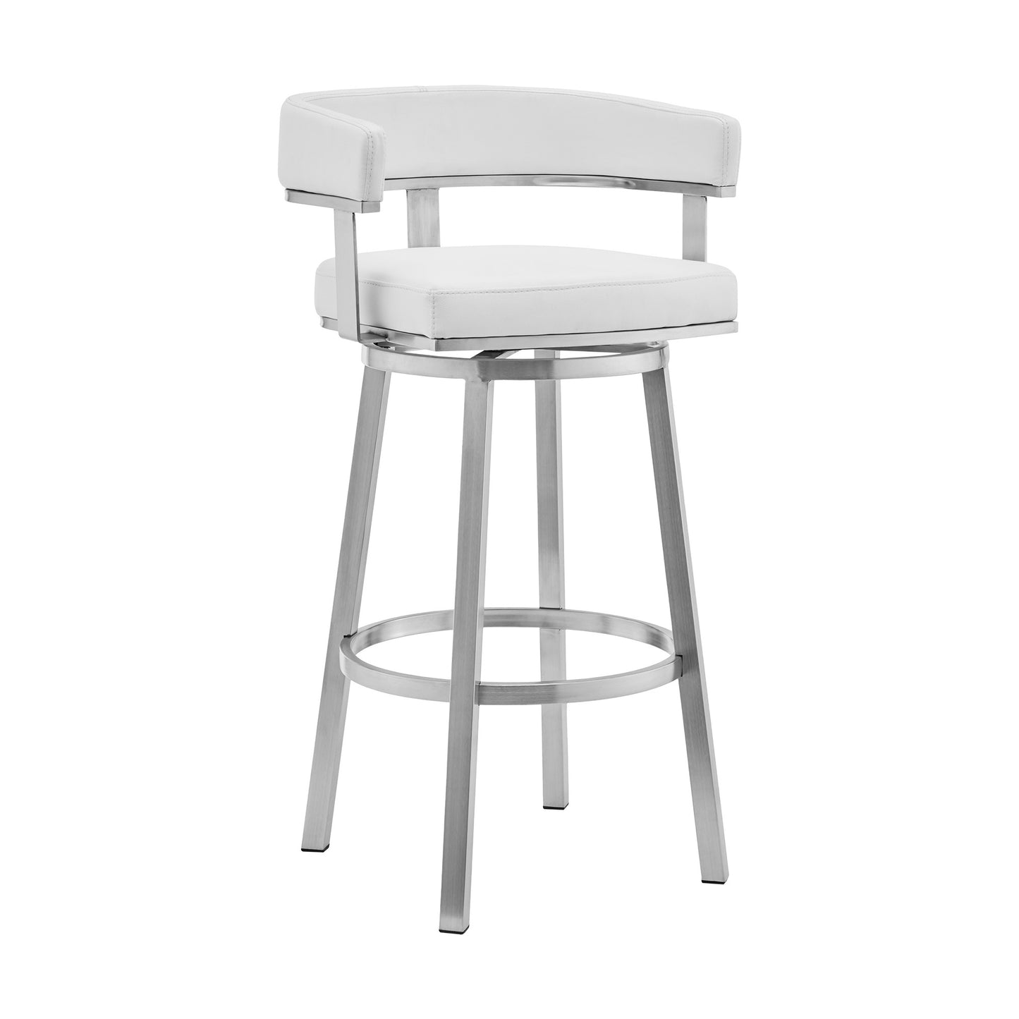 White & Silver Faux Leather & Stainless Steel Low Back Counter Height Swivel Bar Chair