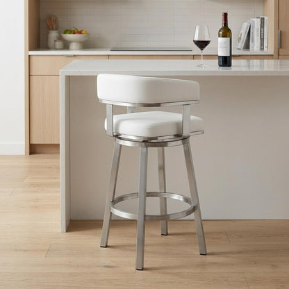 White & Silver Faux Leather & Stainless Steel Low Back Counter Height Swivel Bar Chair