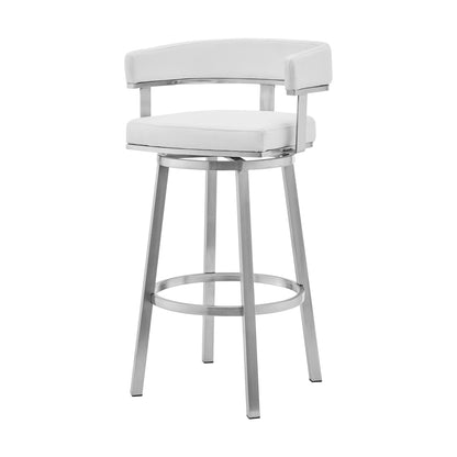 White & Silver Faux Leather & Stainless Steel Low Back Counter Height Swivel Bar Chair