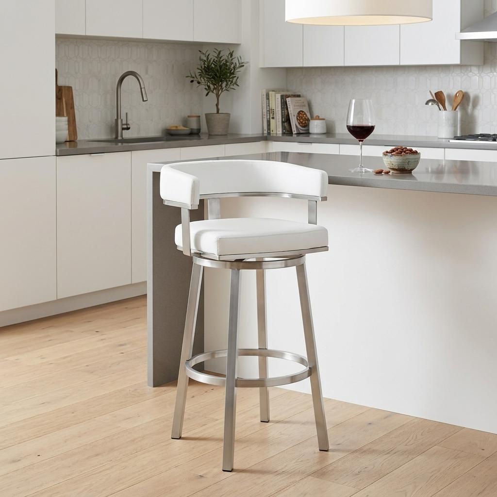 White & Silver Faux Leather & Stainless Steel Low Back Counter Height Swivel Bar Chair