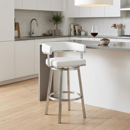 White & Silver Faux Leather & Stainless Steel Low Back Counter Height Swivel Bar Chair