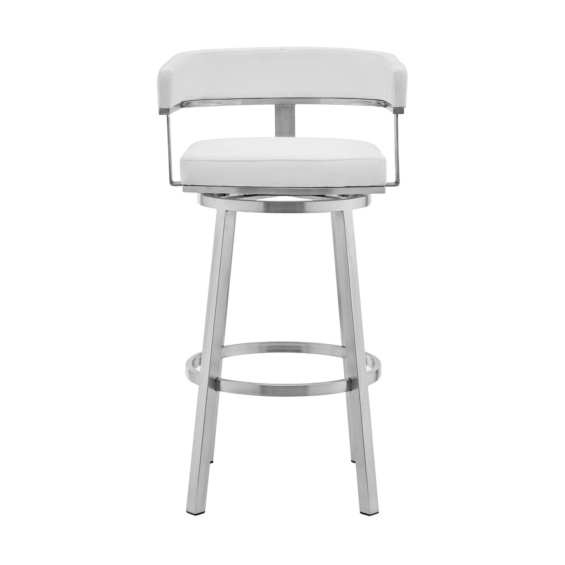 White & Silver Faux Leather & Stainless Steel Low Back Counter Height Swivel Bar Chair
