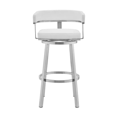 White & Silver Faux Leather & Stainless Steel Low Back Counter Height Swivel Bar Chair