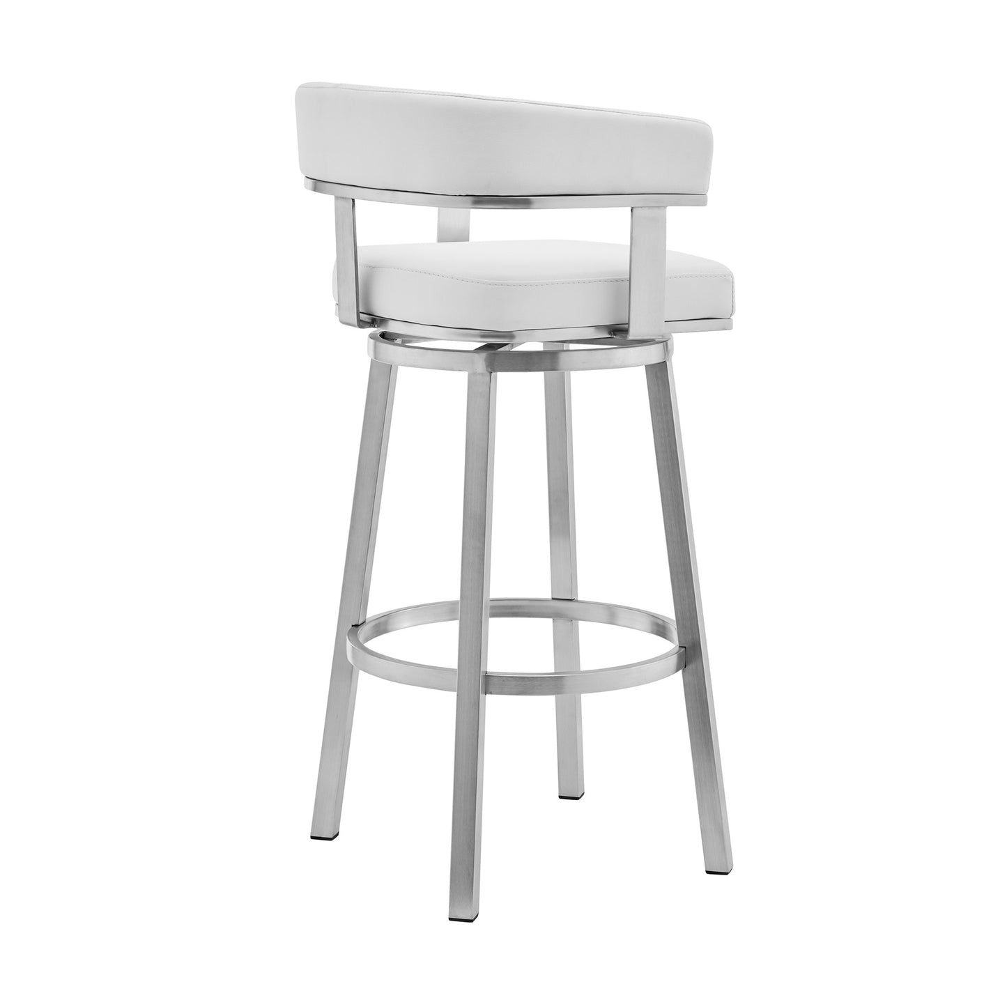 White & Silver Faux Leather & Stainless Steel Low Back Counter Height Swivel Bar Chair