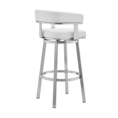 White & Silver Faux Leather & Stainless Steel Low Back Counter Height Swivel Bar Chair