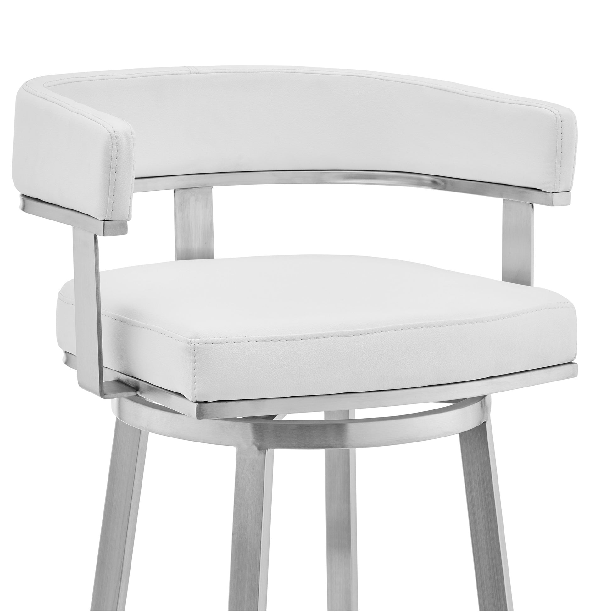 White & Silver Faux Leather & Stainless Steel Low Back Counter Height Swivel Bar Chair