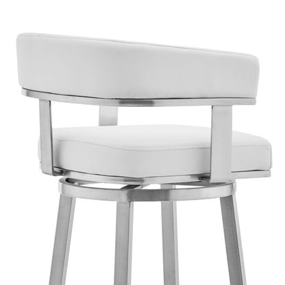 White & Silver Faux Leather & Stainless Steel Low Back Counter Height Swivel Bar Chair