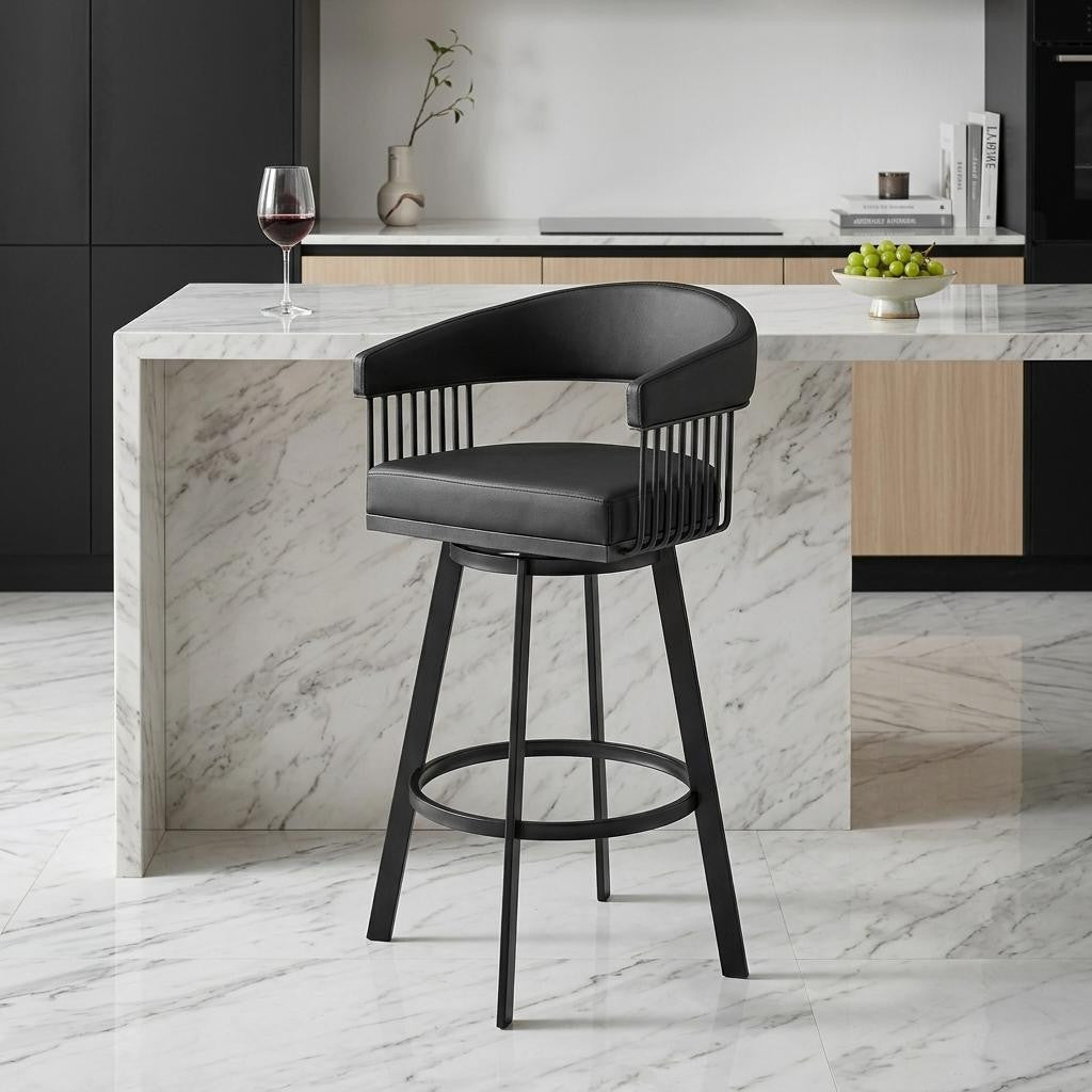 Black Faux Leather & Iron Low Back Counter Height Swivel Bar Chair