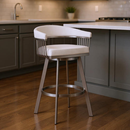 White & Silver Iron Swivel Low Back Counter Height Bar Chair