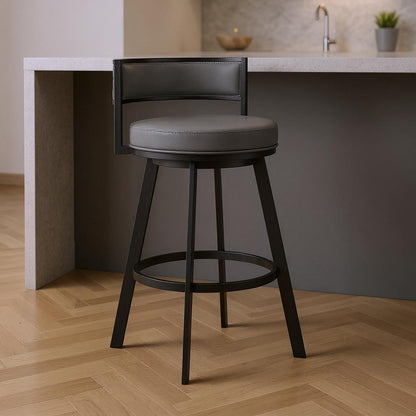 Gray & Black Faux Leather & Iron Swivel Low Back Counter Height Bar Chair