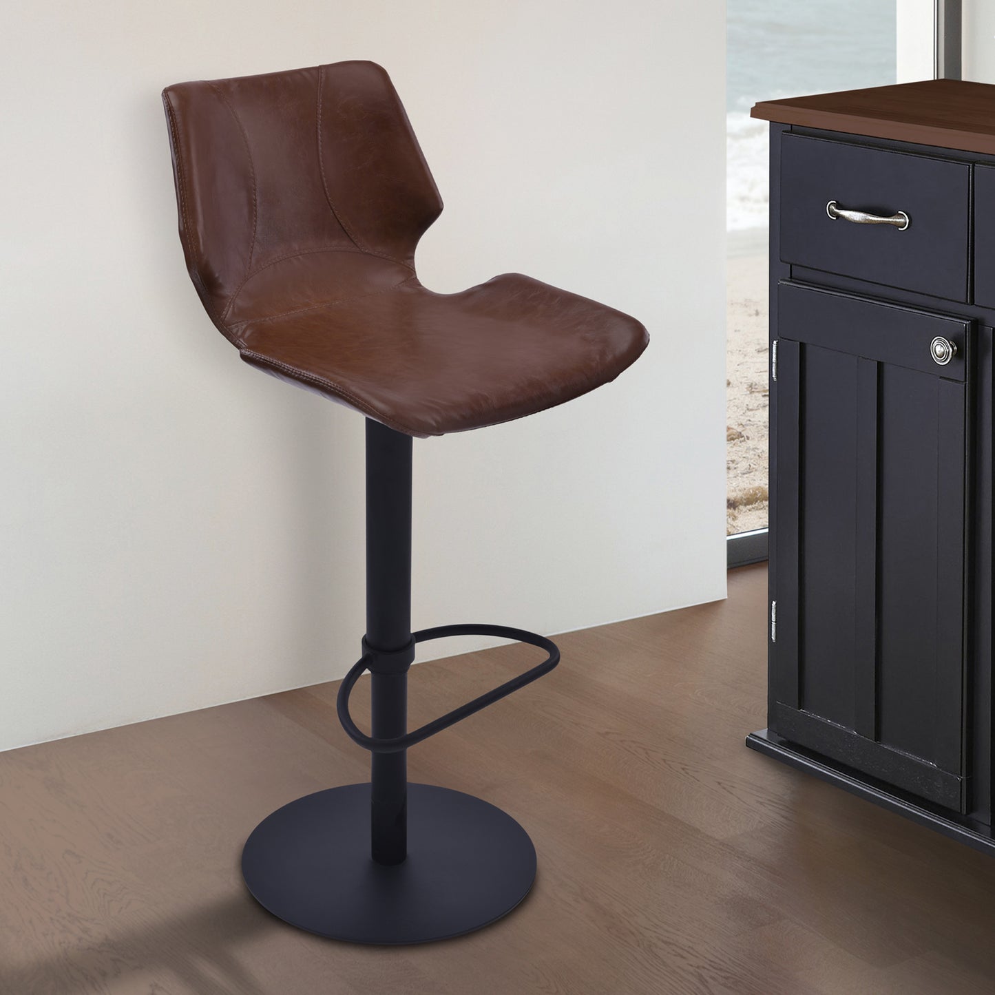 Coffee & Black Faux Leather & Iron Swivel Low Back Adjustable Height Bar Chair
