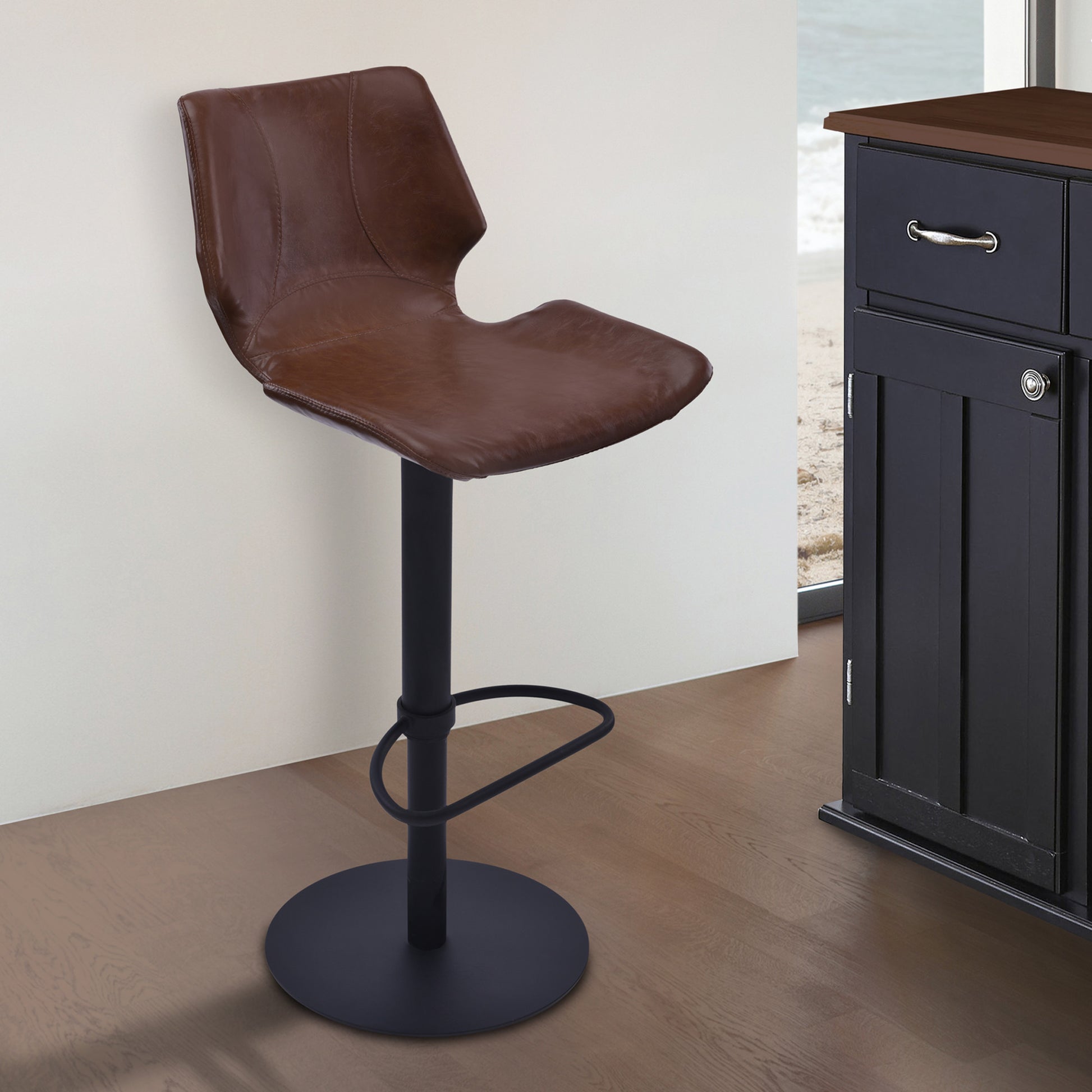 Coffee & Black Faux Leather & Iron Swivel Low Back Adjustable Height Bar Chair