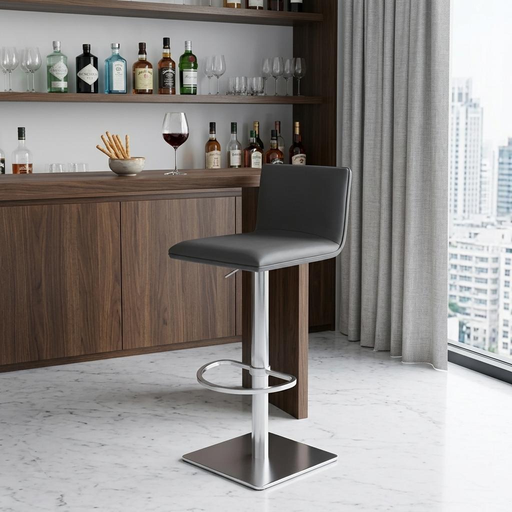 Gray & Silver Iron Swivel Backless Adjustable Height Bar Chair