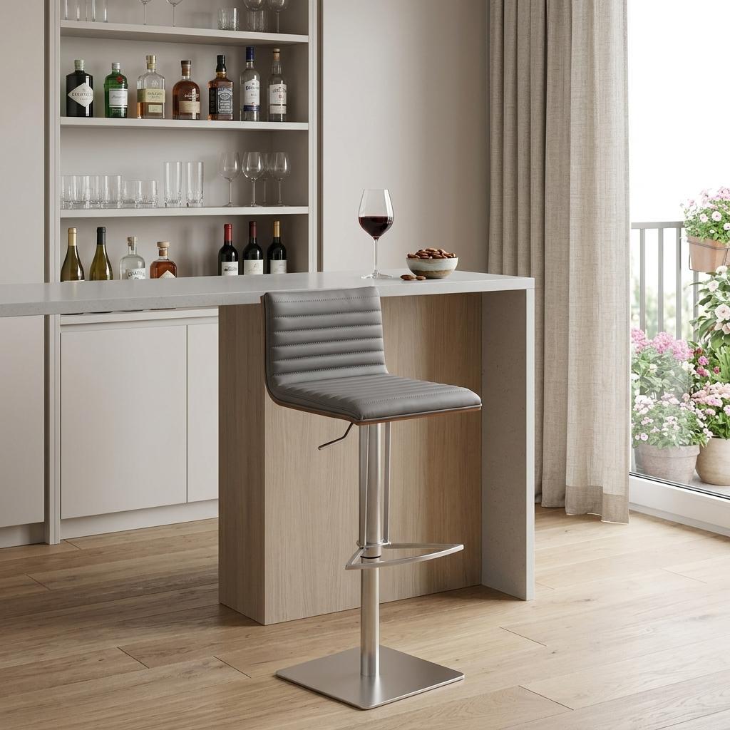 Gray & Silver Iron Swivel Low Back Adjustable Height Bar Chair