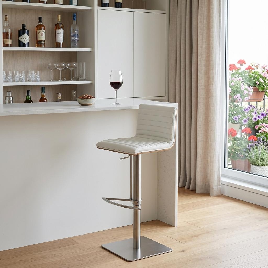 White & Silver Iron Swivel Low Back Adjustable Height Bar Chair