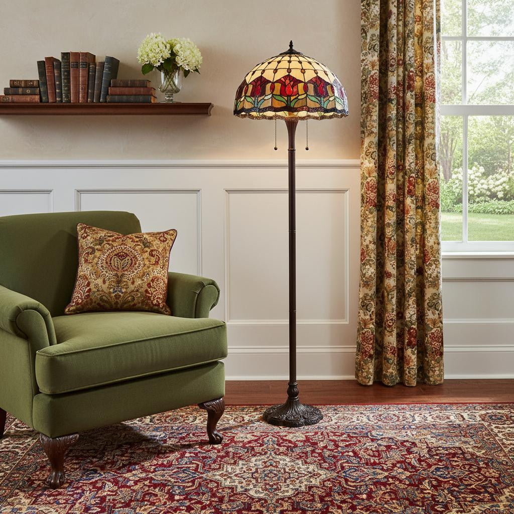 Brown 2-Light Floor Lamp w/ Red Flowers Stained Glass Shade