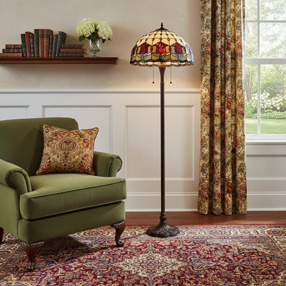 Brown 2-Light Floor Lamp w/ Red Flowers Stained Glass Shade