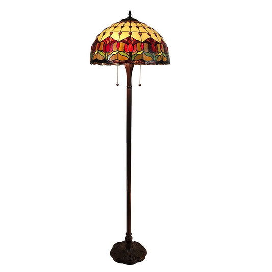 Brown 2-Light Floor Lamp w/ Red Flowers Stained Glass Shade